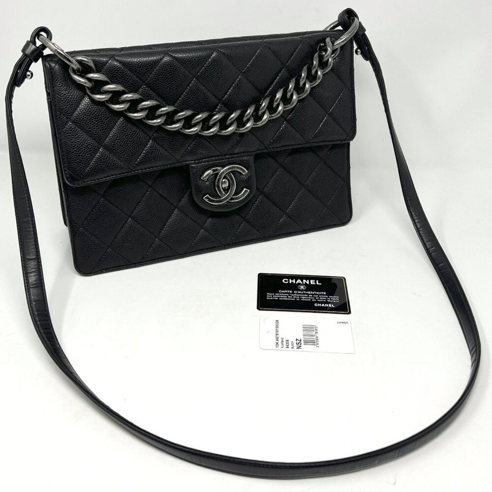 Chanel Black Caviar Leather Flap Bag Silver Chain Shoulder - Picture 11 of 12